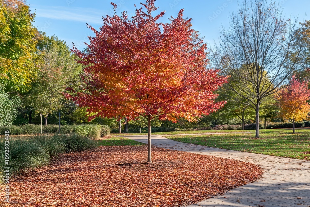 Naklejka premium Red Maple Trees in Autumn with Fallen Leaves and Vibrant Foliage. AI generated illustration