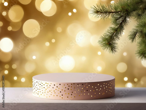 Festive Pink and Gold Product Display Podium with Pine Branch