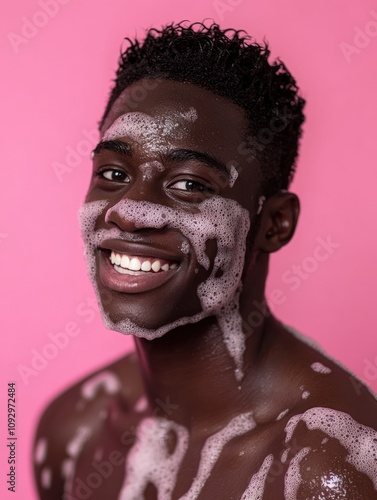 Smiling young man with foam on face against pink background photo