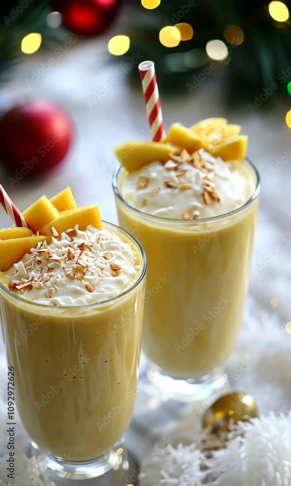 Delicious tropical smoothies topped with fruit and whipped cream create a festive atmosphere in winter Delicious tropical smoothies topped with fruit and whipped cream create a festive atmosphere in winter