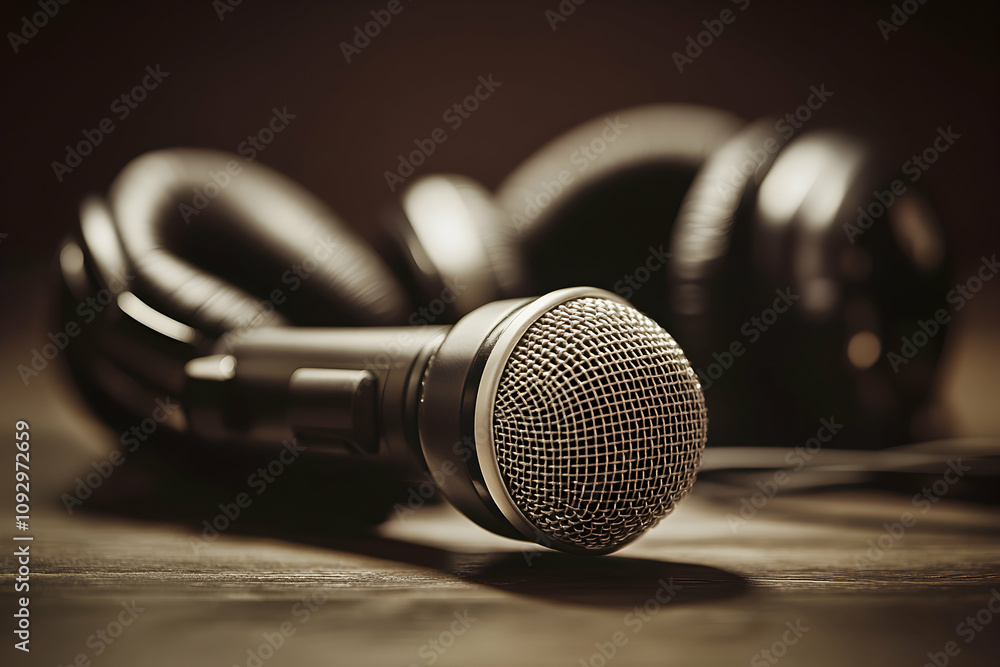 Obraz premium Close-up of a microphone and headphones on a wooden surface, sepia toned, evocative of music recording or podcasting.