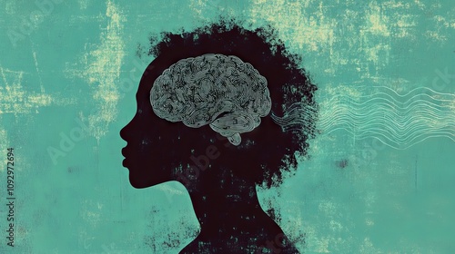 Silhouette of a Head with Brain and Sound Waves Against a Blue Background. AI generated illustration
