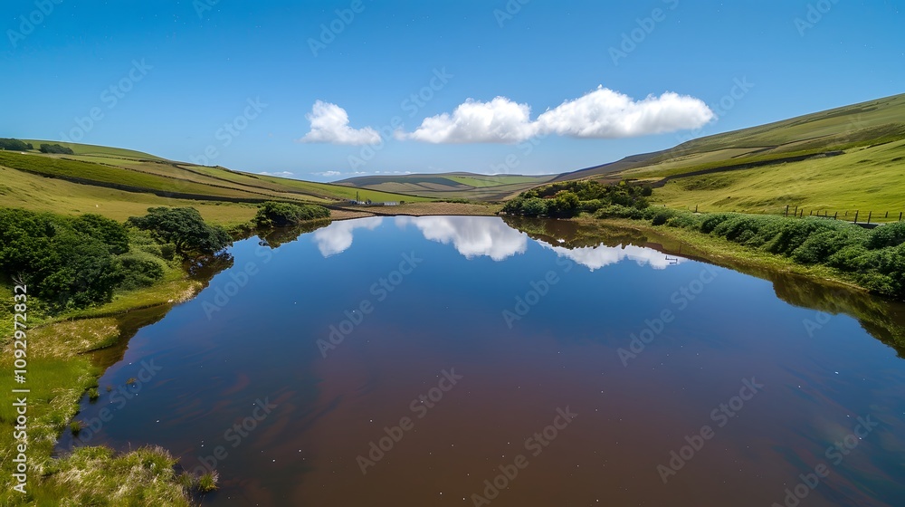 Obraz premium Serene lake reflecting clouds and hills under a clear blue sky.