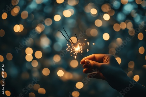 Hand holding a burning sparkler with colorful bokeh lights in background. Holiday concept