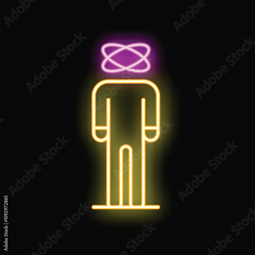 Neon sign depicting a stylized man with a pink and purple atom symbol replacing his head, on a black background