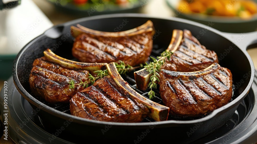 A cast iron skillet holding grilled lamb chops, garnished with thyme, grill lamb serve, cozy farmhouse meal A cast iron skillet holding grilled lamb chops, garnished with thyme, grill lamb serve, cozy farmhouse meal
