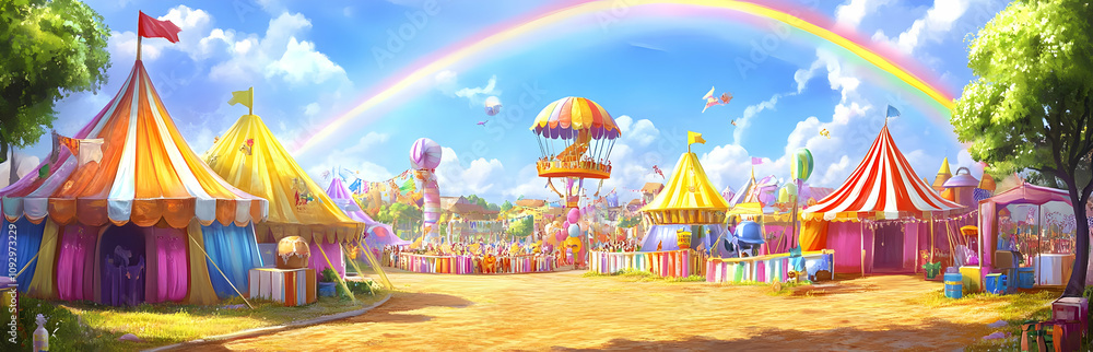 A vibrant carnival scene with tents, rides, and a rainbow in a festive atmosphere. A vibrant carnival scene with tents, rides, and a rainbow in a festive atmosphere.