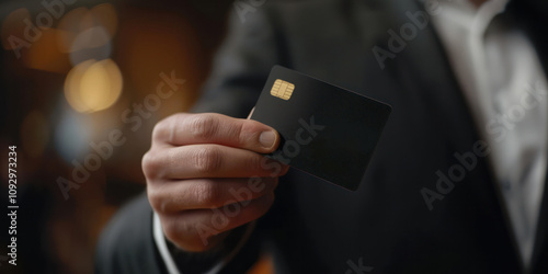 businessman holding a credit card privileges hight level personal payment purchase luxury class show membership bokeh background