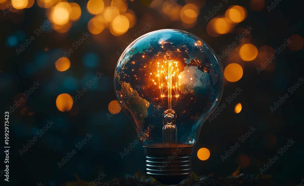 The Earth Inside a Light Bulb on a Dark Background with Bokeh Lights. Eco-concept. AI generated illustration The Earth Inside a Light Bulb on a Dark Background with Bokeh Lights. Eco-concept. AI generated illustration