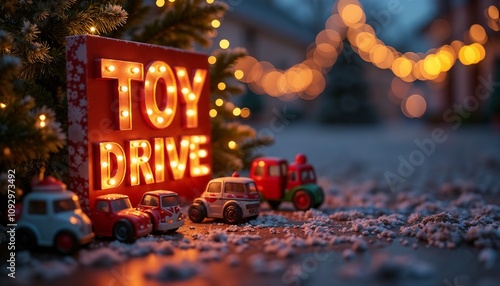 Christmas Toy Drive display with lit sign and vintage toy cars in a festive outdoor setting