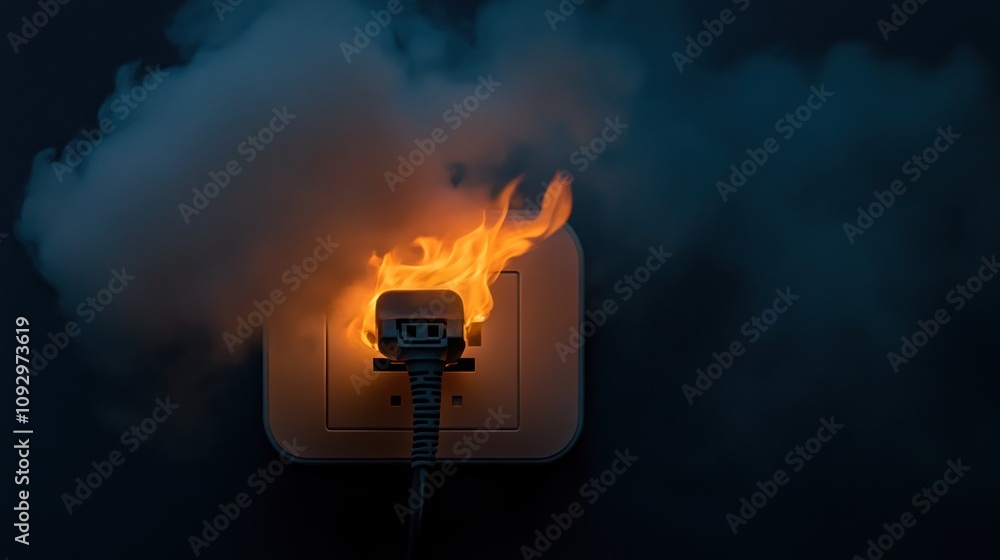 A burning electrical outlet with smoke, highlighting fire hazards and safety concerns. A burning electrical outlet with smoke, highlighting fire hazards and safety concerns.