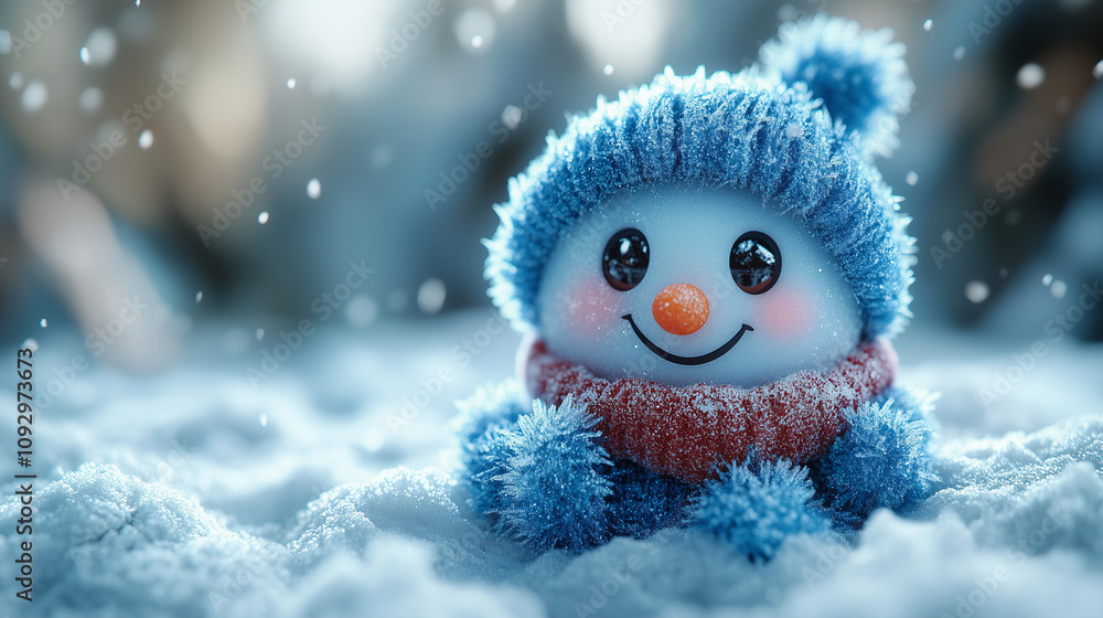 Obraz premium Illustration of snowman in scarf, character, mascot, banner with copy space, Happy New Year and Merry Christmas
