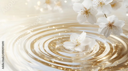 Wallpaper Mural Swirling ripple gold water with white sakura cherry blossom flower and sparkles represent pure and beauty from organic natural extracted ingredient. Torontodigital.ca