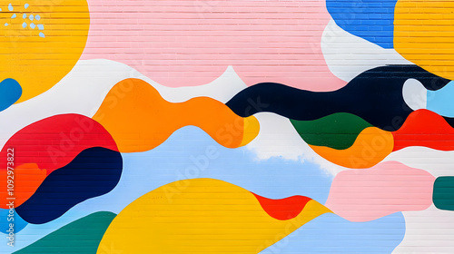 A vibrant mural featuring abstract shapes and colors, enhancing urban aesthetics.