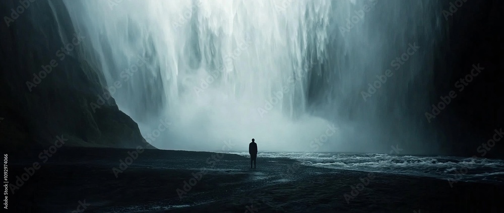 Skogafoss Waterfall in Iceland with Person at Base, Cinematic Long-Exposure Photography. AI generated illustration Skogafoss Waterfall in Iceland with Person at Base, Cinematic Long-Exposure Photography. AI generated illustration