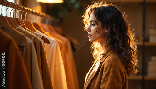 A young Caucasian woman with long dark curly hair browsing through clothes on a clothing rack in a warm, dimly lit room photo