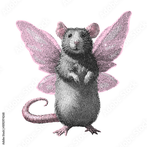 rat with fairy wings, photocopy stipple effect style, halftone mouse illustration