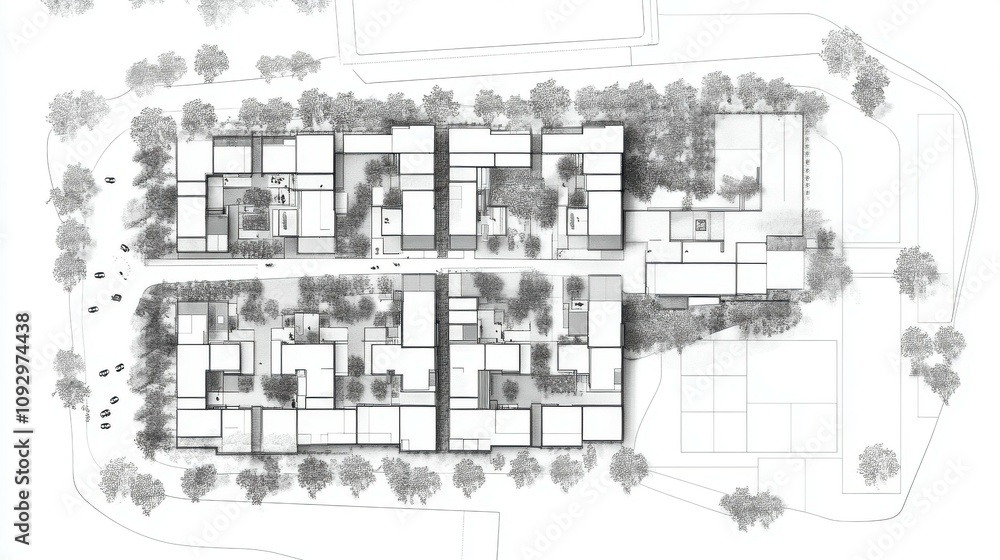 Plan the layout for a mixed-use development combining residential and commercial spaces. Plan the layout for a mixed-use development combining residential and commercial spaces.