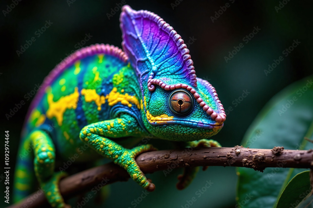 Fototapeta premium Colorful chameleon perched on lush artificial plant