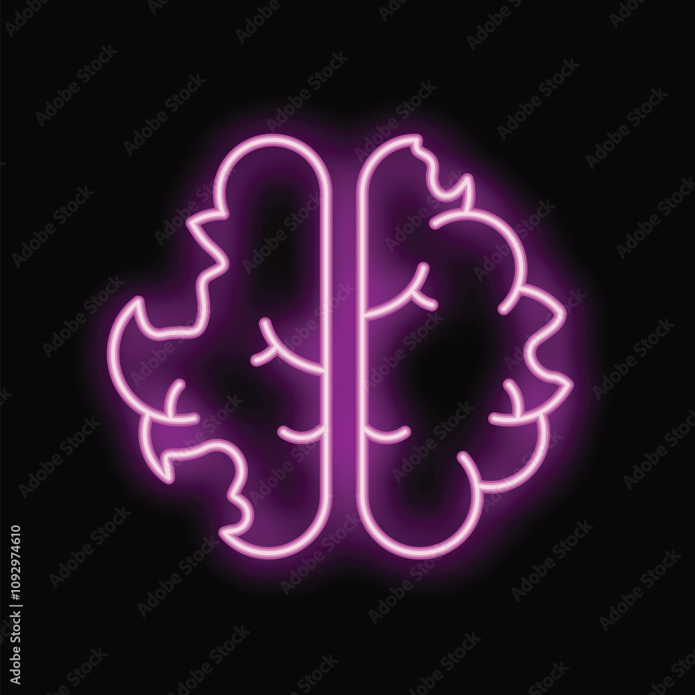 Glowing neon purple human brain icon illustration on a black background Glowing neon purple human brain icon illustration on a black background