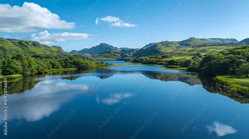 Obraz premium Serene lake reflecting mountains and clouds under a vibrant blue sky.