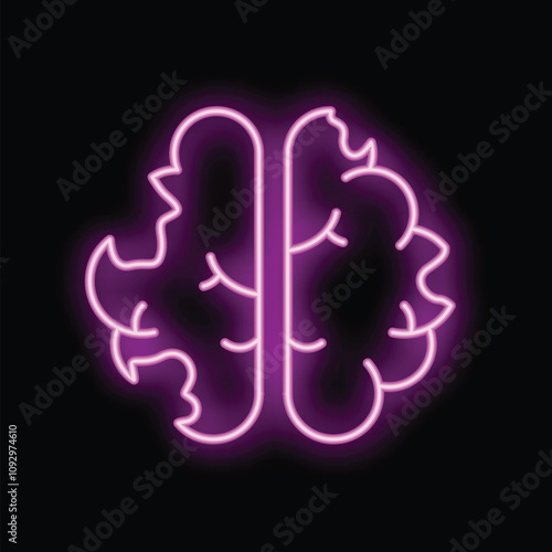 Glowing neon purple human brain icon illustration on a black background