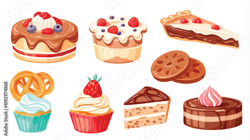 Set of different cakes and pastries. Vector illustration in cartoon style