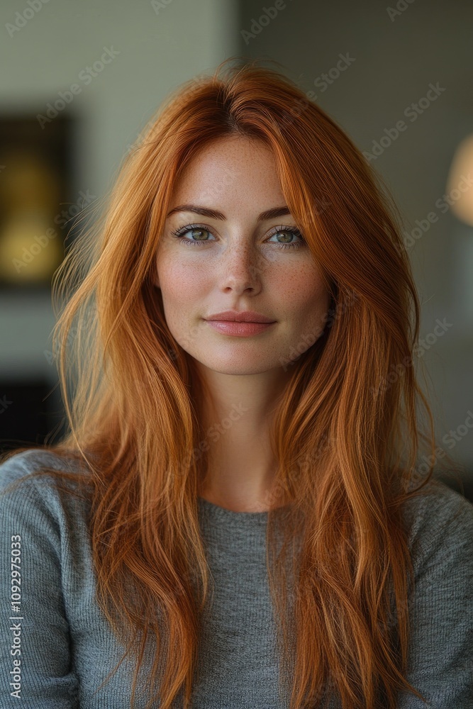 Portrait of confident young woman with long red hair and freckles Portrait of confident young woman with long red hair and freckles