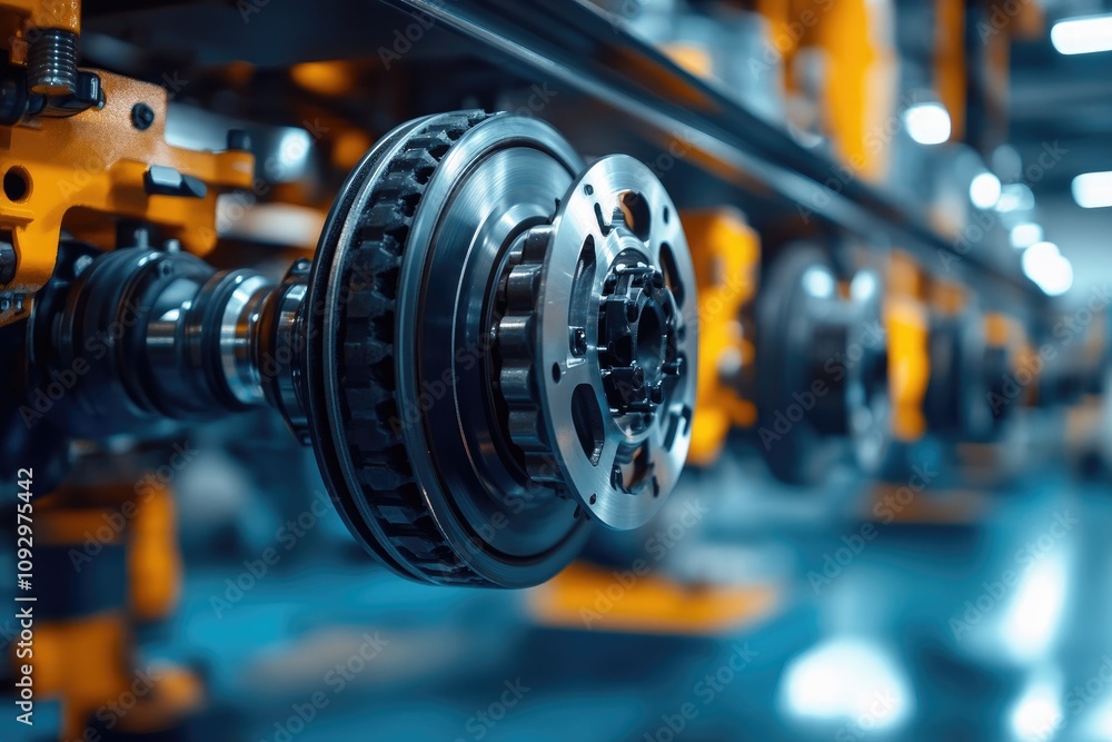 Obraz premium Car clutch disc on an industrial robotic arm manipulator in a smart factory