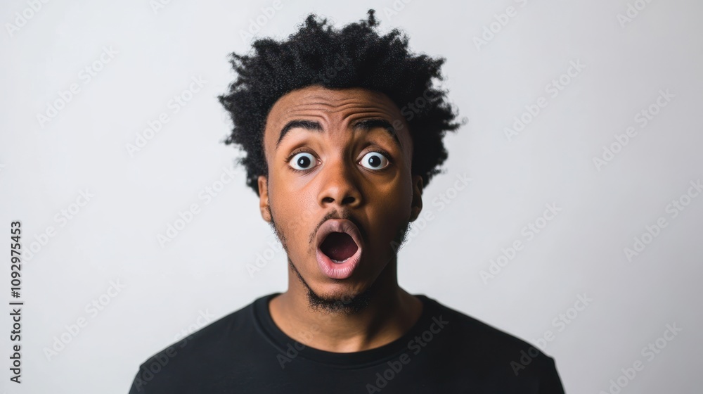 Surprised young man with wide eyes and an open mouth, expressing shock or amazement.