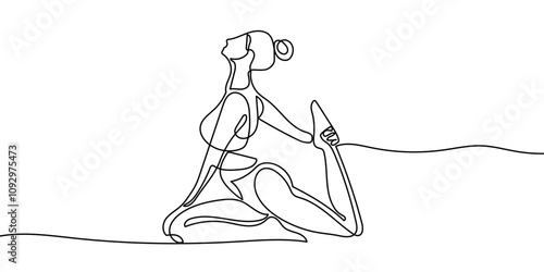 Continuous line drawing of a woman in a yoga pose, representing relaxation and fitness. Vector art focused on health and meditation, isolated on a white background.
