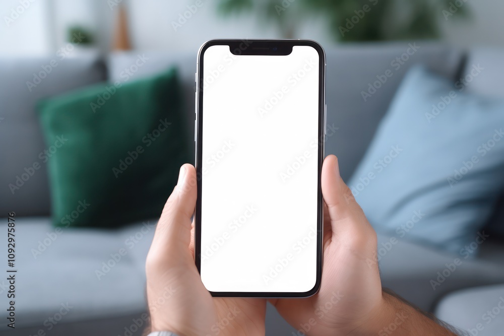 Hand holding a smartphone with a white screen at living room hose and plant green leafs and sofa Hand holding a smartphone with a white screen at living room hose and plant green leafs and sofa