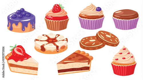 Set of different cakes and cupcakes. Vector illustration in cartoon style.