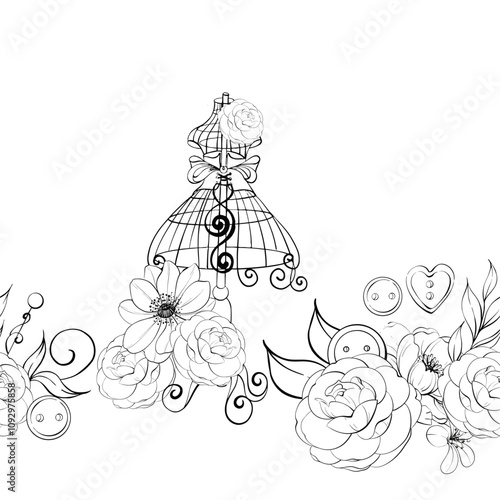 Vintage mannequin with floral arrangement - roses and anemone. Sewing tools buttons, needles. Old fashion, dressmaker seamless pattern, border. Romantic and elegance sewing background and tailor for