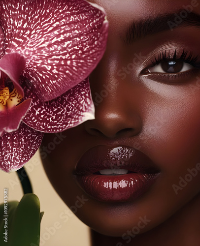 Close-up of a Black woman's face with a pink orchid, beauty photography photo