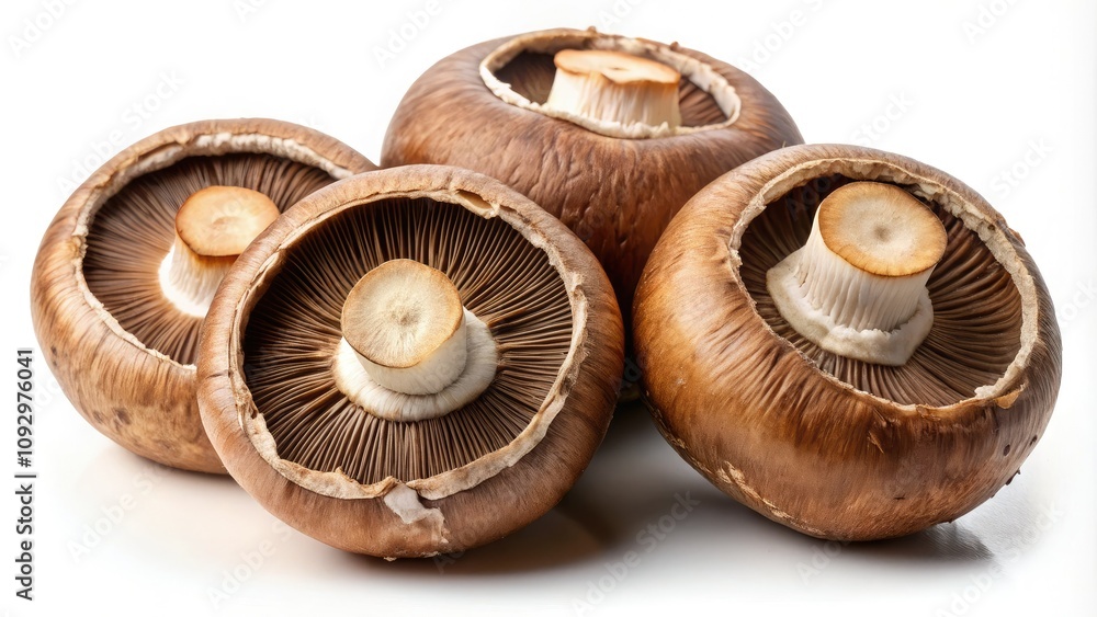 Close-up of Fresh Portobello Mushrooms on White Background for Culinary Use Close-up of Fresh Portobello Mushrooms on White Background for Culinary Use