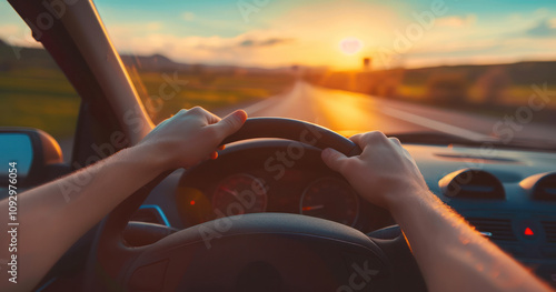 Wallpaper Mural hands holding steering wheel driving car on street under sunset Torontodigital.ca