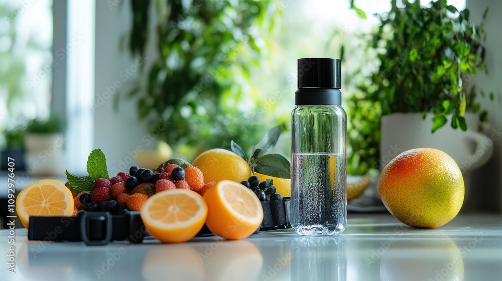 Captivating photo of a healthy living concept with a fitness tracker, fruit, and a reusable water bottle on a clean surface. crisp details and a modern aesthetic. Captivating photo of a healthy living concept with a fitness tracker, fruit, and a reusable water bottle on a clean surface. crisp details and a modern aesthetic.