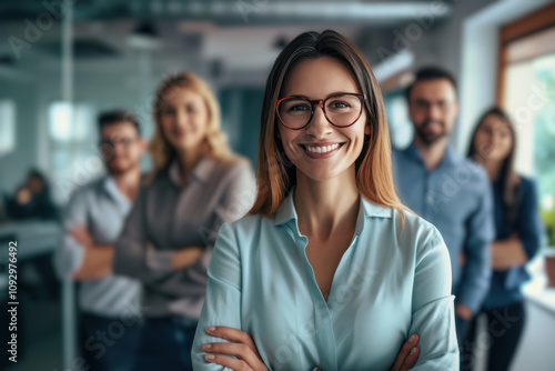 Wallpaper Mural outstanding confidence business woman with glasses person and good teamwork support promotion to up position leader supervisor manager smile and happy Torontodigital.ca