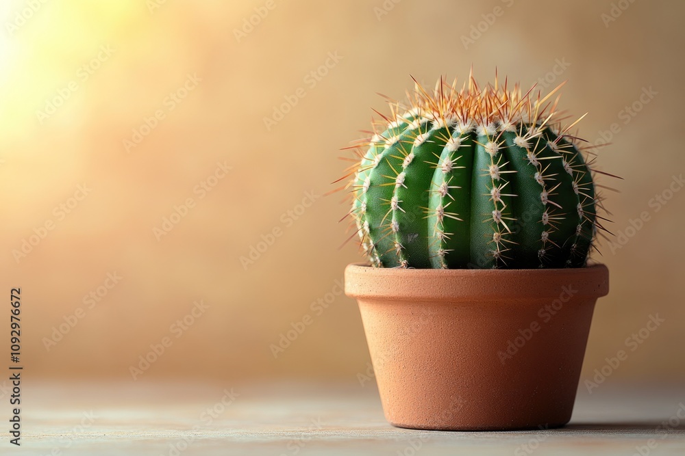 Small cactus growing in terracotta pot on table against brown wall Small cactus growing in terracotta pot on table against brown wall