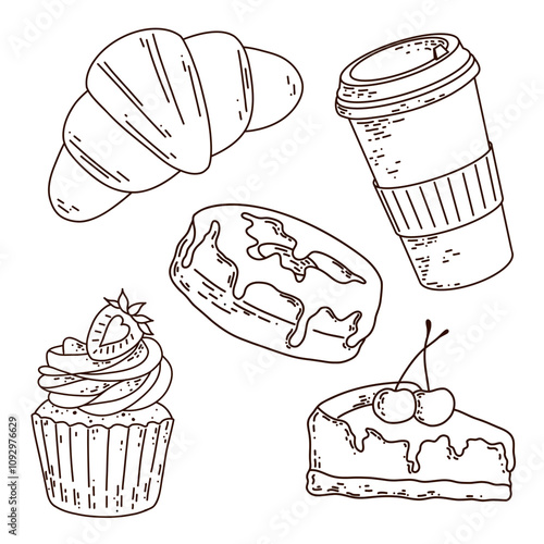 Croissant, coffee, donut, cupcake and cheesecake set black and white vector sketch illustration.