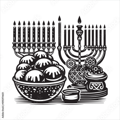 Hanukkah Menorah, Doughnuts, and a Bowl - Festive Jewish Holiday Image. This stylized black and white image depicts a Hanukkah menorah, a bowl of doughnuts, and a decorative bowl.