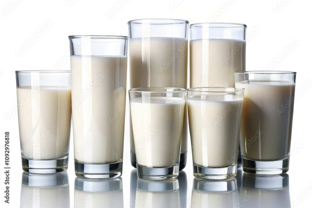 Collection of milk glasses isolated on a transparent background emphasizes the health benefits of dairy products, including strong bones, hydration, and essential nutrients for a vibrant, organic life Collection of milk glasses isolated on a transparent background emphasizes the health benefits of dairy products, including strong bones, hydration, and essential nutrients for a vibrant, organic life