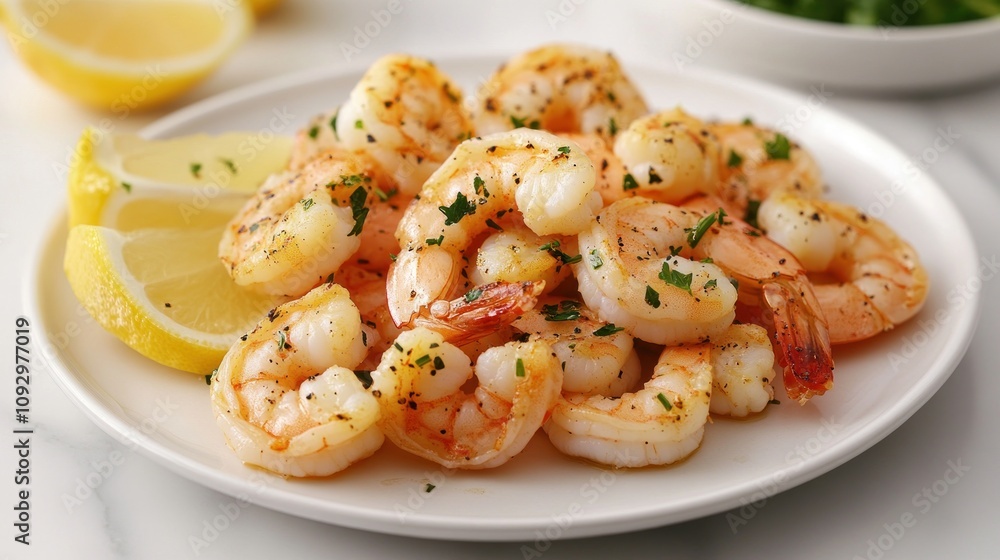 A professionally styled seafood dinner featuring grilled shrimp, lemon wedges, and parsley on a white plate under soft natural light. ensuring crisp detail and elegance. A professionally styled seafood dinner featuring grilled shrimp, lemon wedges, and parsley on a white plate under soft natural light. ensuring crisp detail and elegance.