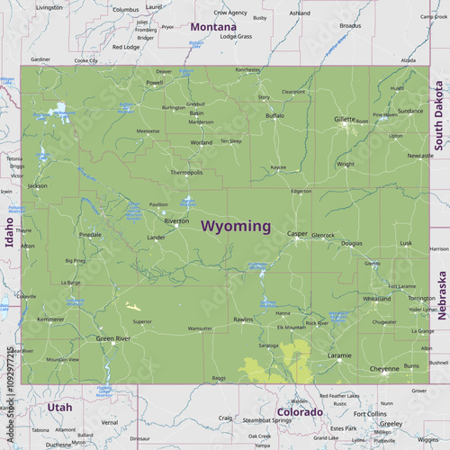 Physical political map of Wyoming, United States
