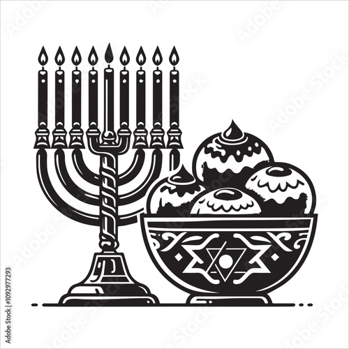 Hanukkah Menorah, Doughnuts, and a Bowl - Festive Jewish Holiday Image. This stylized black and white image depicts a Hanukkah menorah, a bowl of doughnuts, and a decorative bowl.