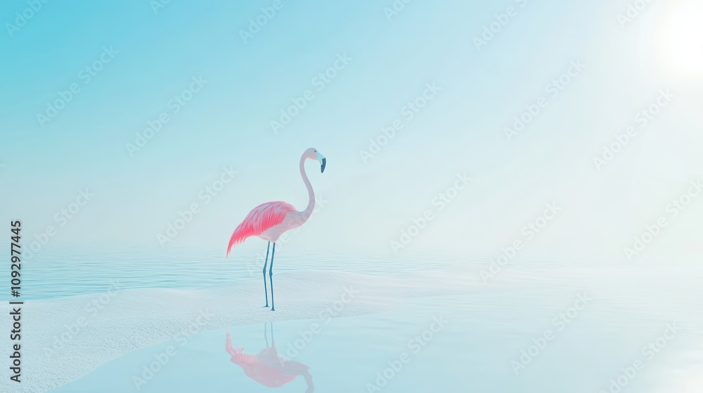 Obraz premium A serene pink flamingo stands gracefully in calm waters under a soft blue sky.