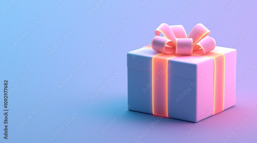 Magical Christmas enchantment. Gift box with a pink ribbon against a soft gradient background. Magical Christmas enchantment. Gift box with a pink ribbon against a soft gradient background.