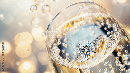 Elegant Engagement Ring Submerged in Sparkling Champagne Glass with Golden Bubbles and Bokeh Background. Celebratory Proposal Concept with Luxury Jewelry