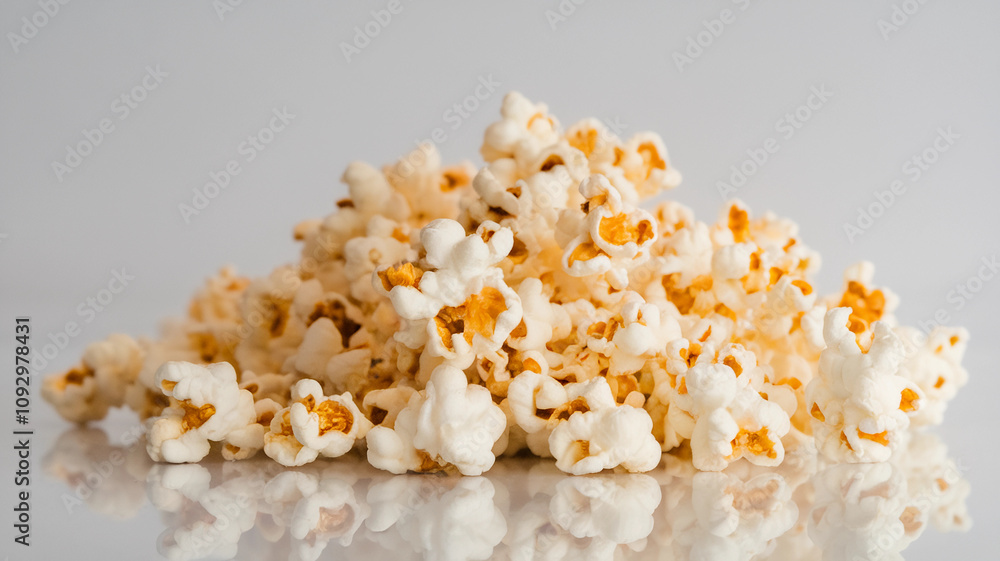 Close-Up of Freshly Popped Popcorn on a Reflective Surface
Close-Up of Freshly Popped Popcorn on a Reflective Surface